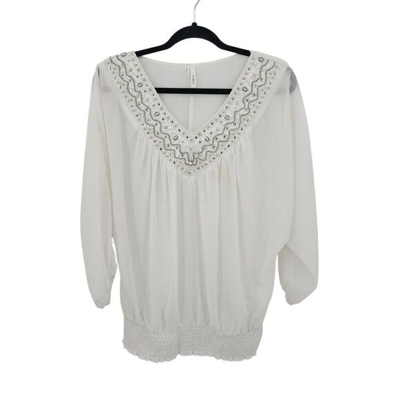 Retro White Blouse Sz M Silver Beaded Sheer Batwing Peasant Glam Pullover - Picture 9 of 9